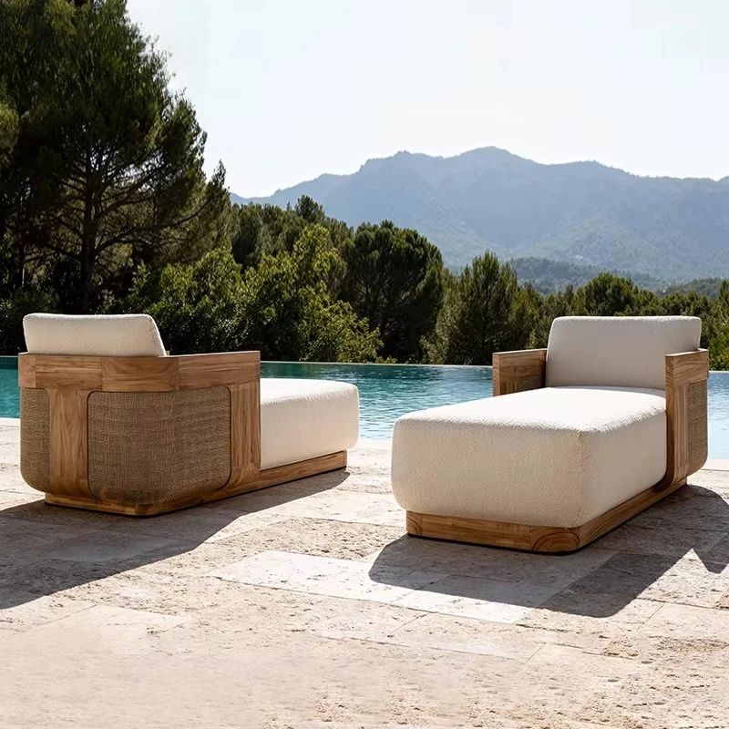 High End Rattan Teak Outdoor Daybed Outdoor Patio Furniture Chaise Lounge Chair All Weather Wood Outdoor Sun Lounger