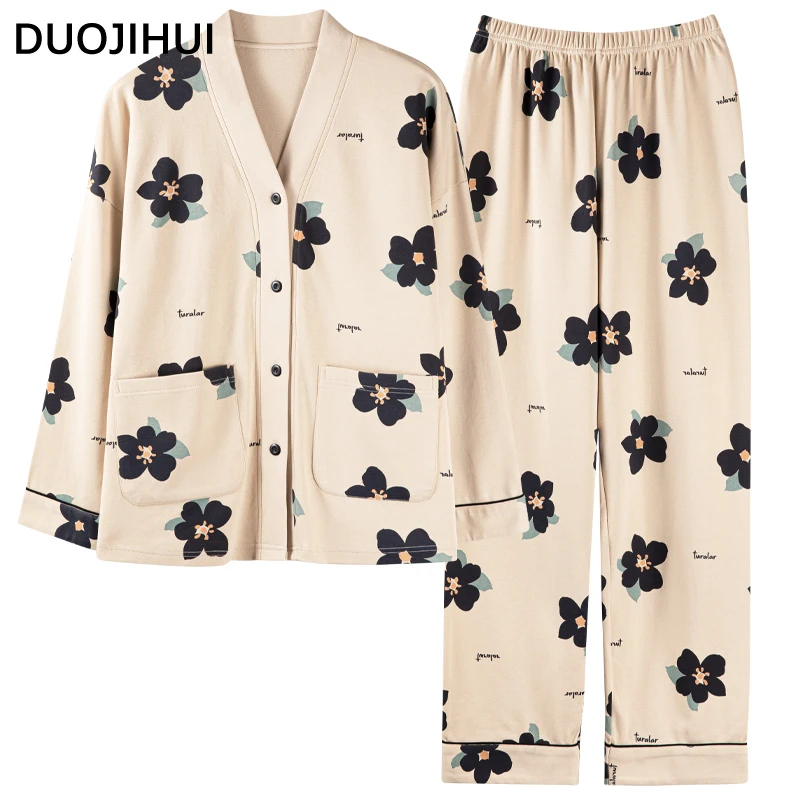 Duojihui Mode Bloemenprint Losse Vrouwelijke Pyjama Set Herfst Nieuwe Klassieke Zak Basic Eenvoudige Zachte Casual Thuis Pyjama Voor Dames