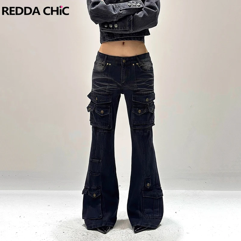 REDDACHiC Cyber Y2k Black Flare Jeans Street Vintage Wash Multi-pocket Stretchy Low Waist Cargo Pants Grunge Women Bell Bottoms