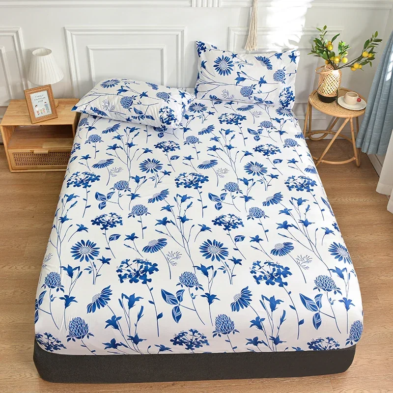 3PCS Twin Fitted Bed Sheet with Elastic Blue Flower Printed BedCover Single/Queen/King Bed Linen Reactive Printed Mattress Cover