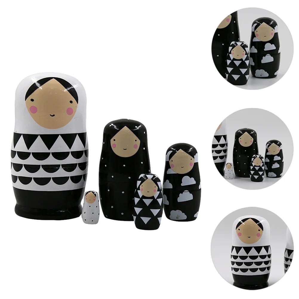 5 Pcs Childrens Toys Black And White Matryoshka Dolls Nesting Russian Cute Wood Montessori DIY Paint Skill Training