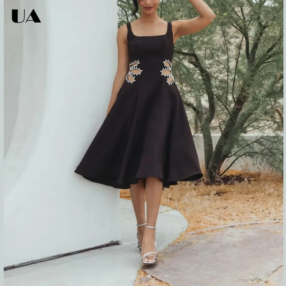 ULBYANRY Customized Crystal Square Neck Midi Prom Dress for Woman Elegant A-line Cocktail Party Dress Classy Cutout Formal Dress