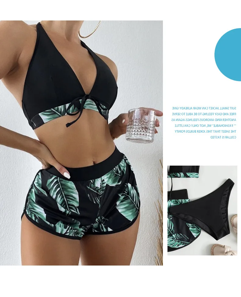 Mujeres 2025 Nuevos Bikinis 6 Colores Sexy Halter Bikini Conjunto de 3 piezas Estampado de hojas Traje de baño de talle 