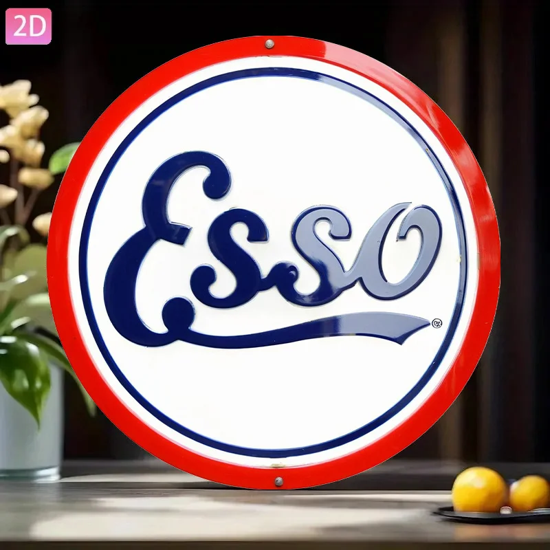 2D Flat, Vintage Esso Gasoline Pump Sign - Aluminum Retro Metal Wall Decor with Red & Blue Logo, Weather-Resistant Automotive Ga