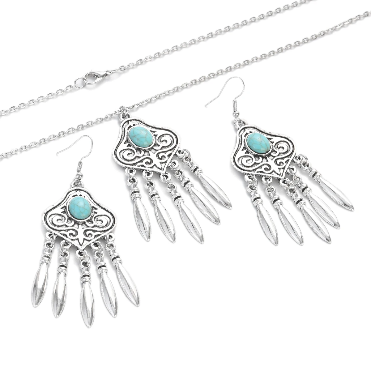 2023 Indian Jewelry Set Ethnic Silver Plated Geometric Carved Tassel Earring Necklace Women\'s Blue Turquoises Chain Jewelry