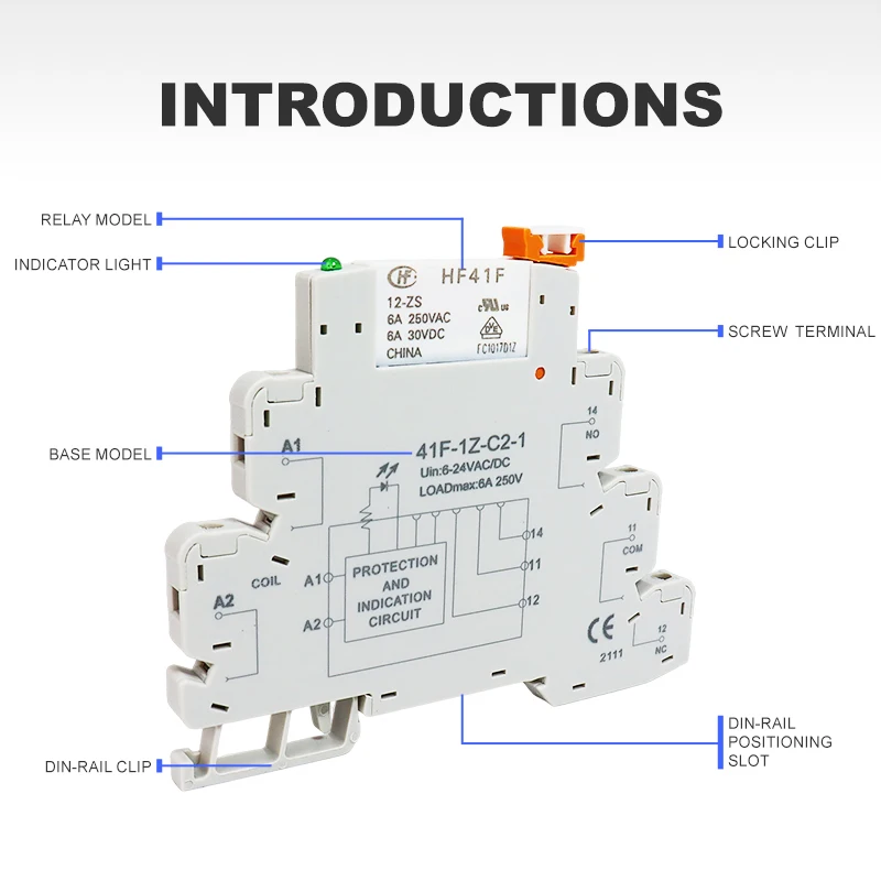 Ultra Thin Relay Module DIN Rail Mounting HF41F 12-ZS 24-ZS Ultra Slim Ultra-thin Electromagnetic Relay DC 12V 24V 6A with LED