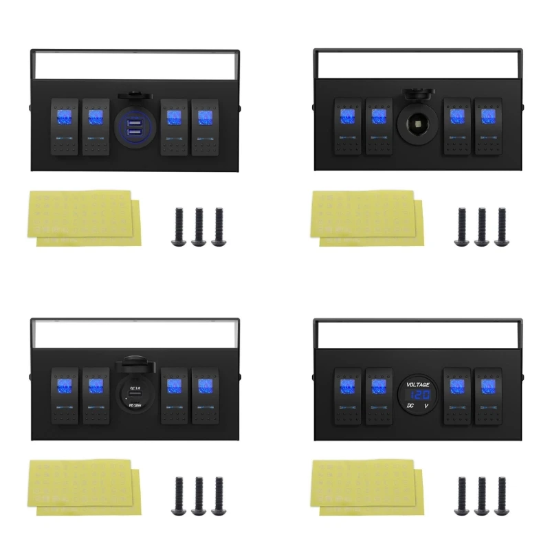 Multifunctional 4 Gang Rockers Switches Panel with USB & Voltmeter