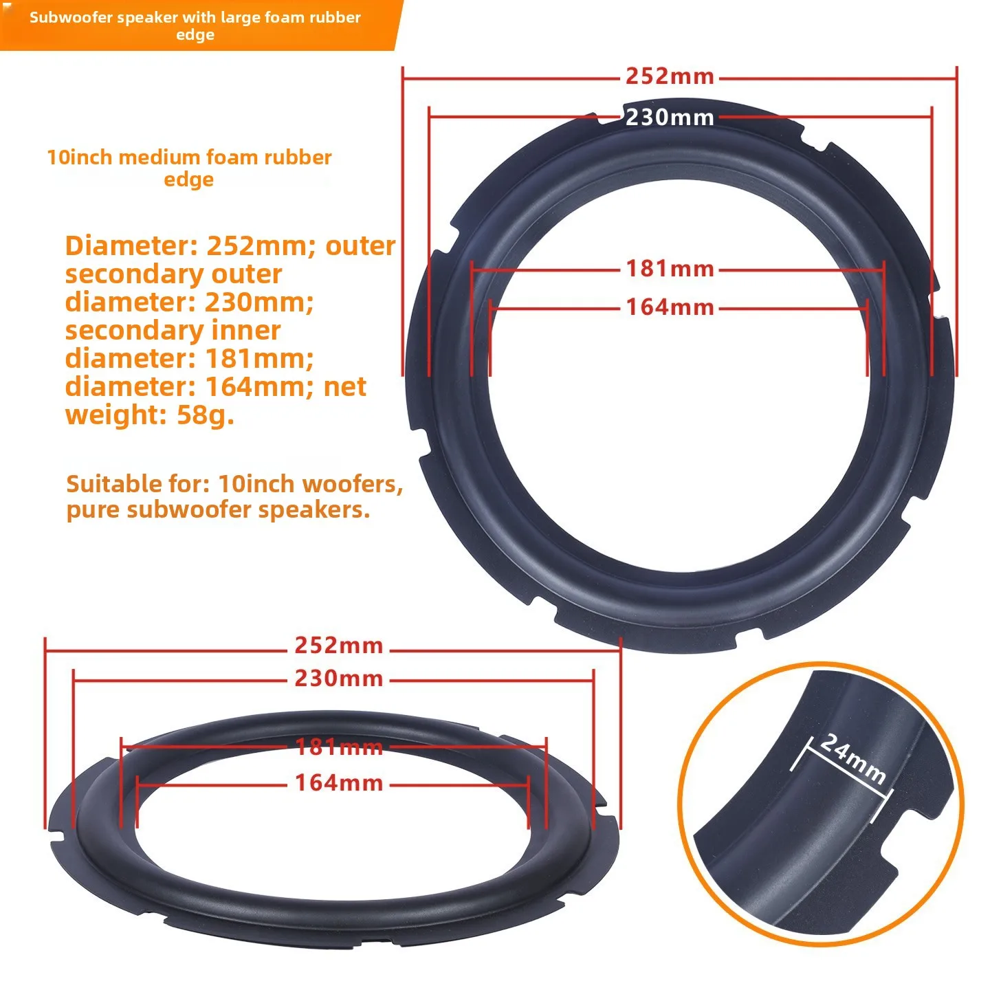 MW Audio, set van 2 rubberen randen voor luidsprekers, 6,5"/8"/10"/12", reparatieband voor de rand van een subwoofer.