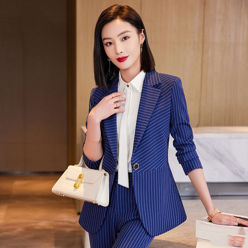 

Elegant Women Pant Suit 2023 New Blue Black White Long Sleeve Striped Blazer And Trouser Formal Office Lady Business 2 Piece Set