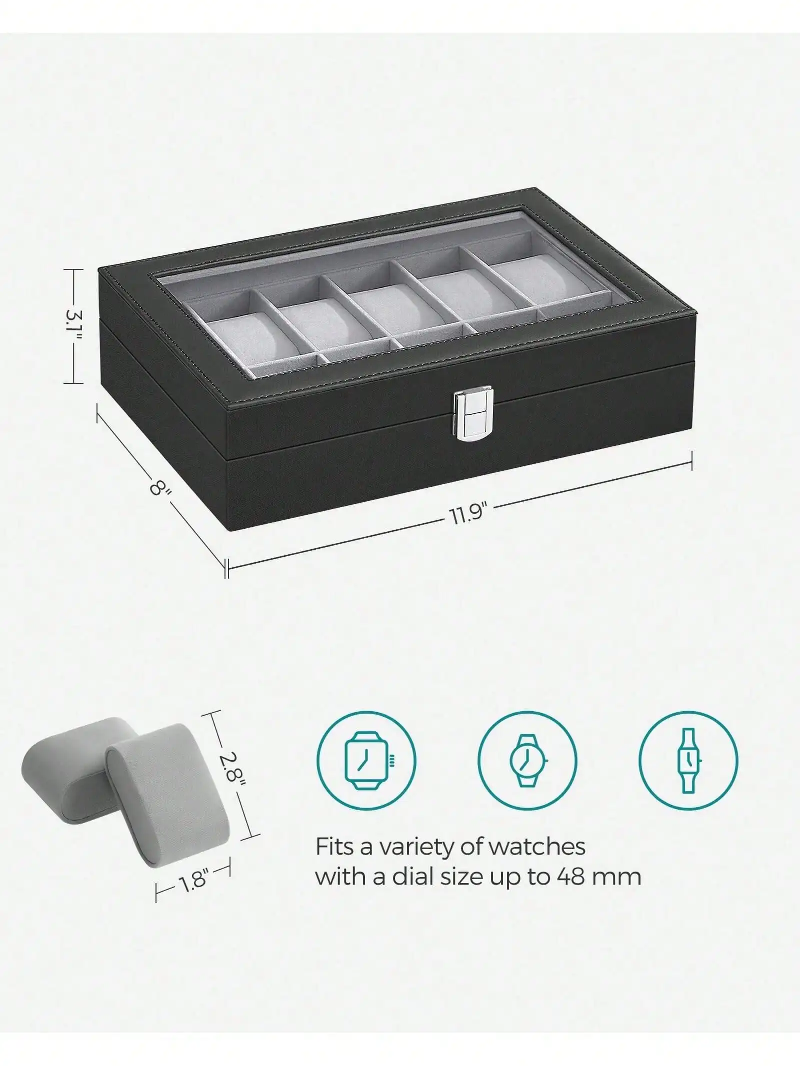 12-Slot Lockable Watch Box with Glass Lid & Drawer, 2-Layer Leather Watch Display Case Organizer for Rings Bracelets, Black/Brown/Gray view 3