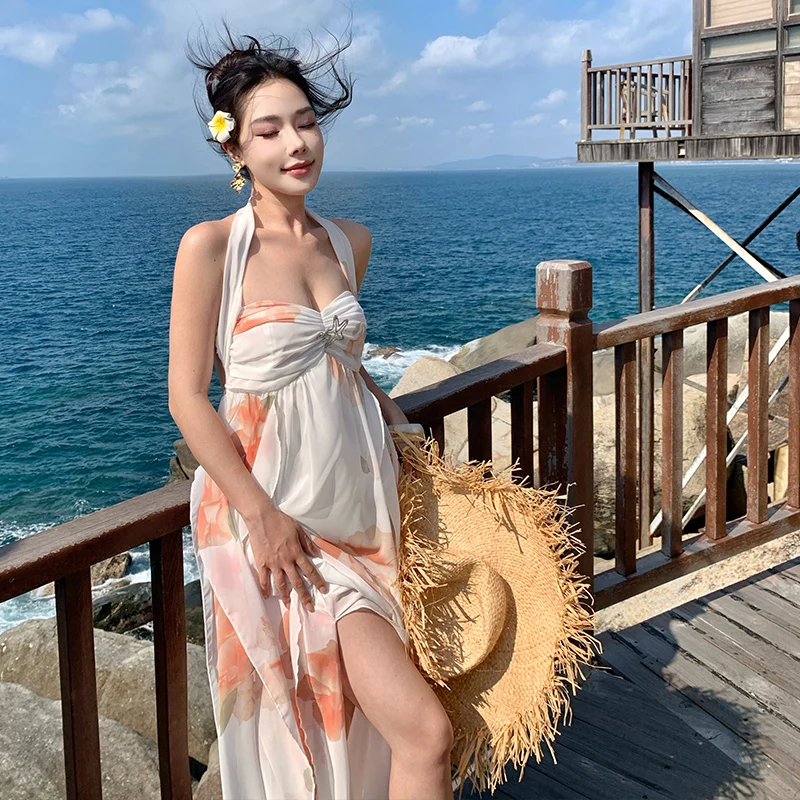 

Lotus Leaf Edge Strapless Dress For Women In Summer With A High-End Feel, Floral And Sexy Backless Vacation Style Long Skirt