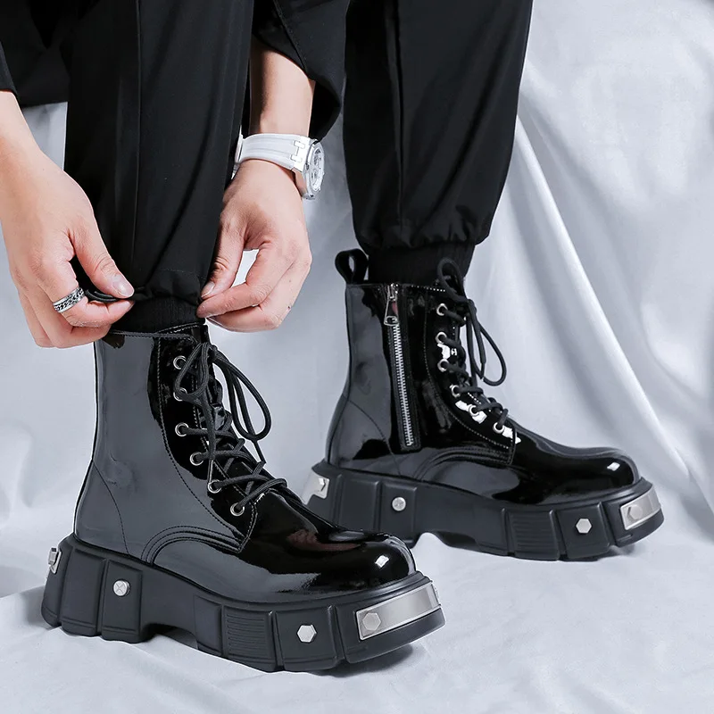 men luxury fashion platform boots stage nightclub dress patent leather shoes cowboy high boot handsome long motorcycle botas man