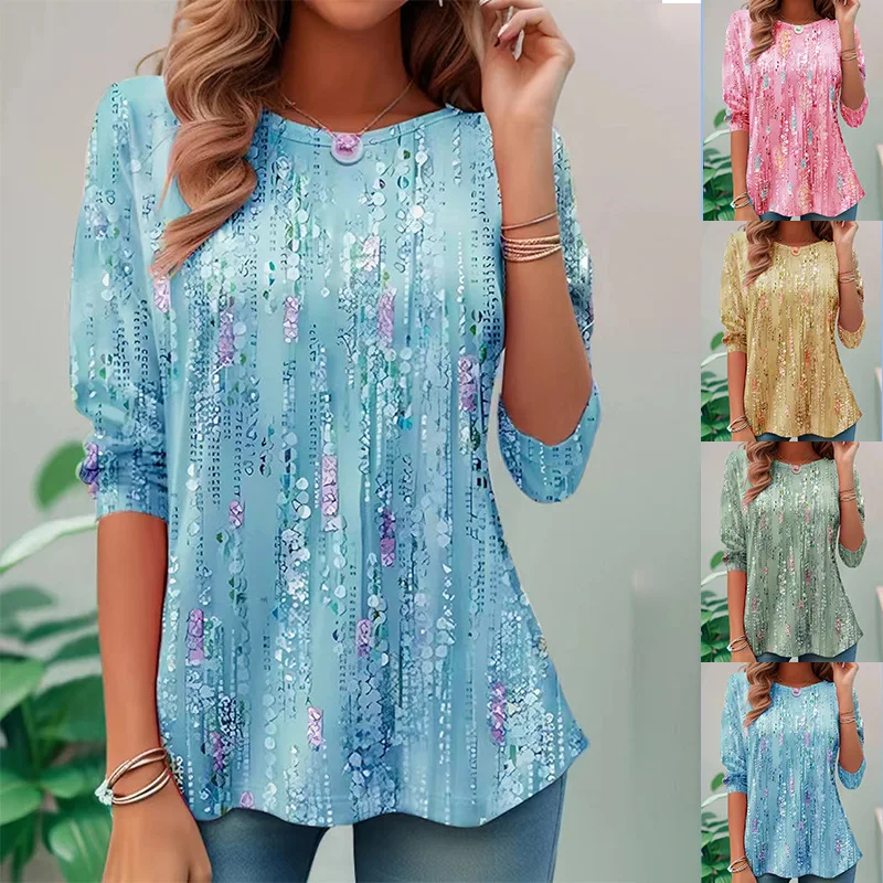 

Summer Women Round Collar Long Sleeve Ruffle Tassel Print Loose T-shirt Tops