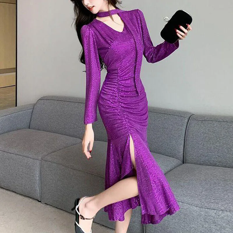 

Temperament V-neck Streamer High-end Dress for Women with Slim Fit Pleated Slim Hip Sequin Long Fishtail Dresses