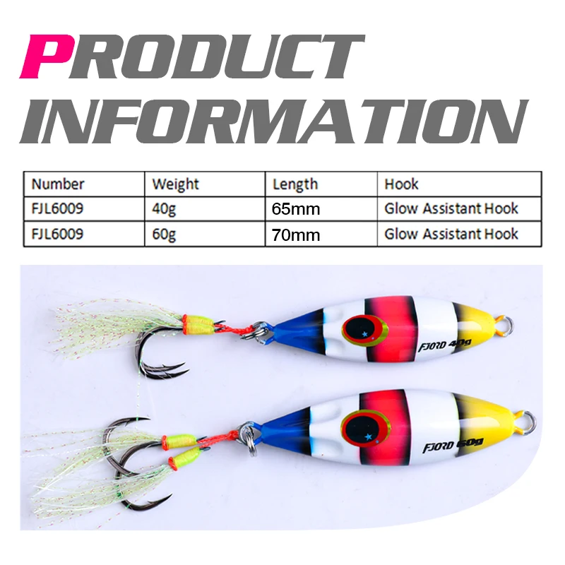 FJORD 40g 60g Metal Jig Sea Fishing Lures Fake Hard Baits Glow Dark With Assistant Hook Fishing Accessories Equipment Tackle - view 2