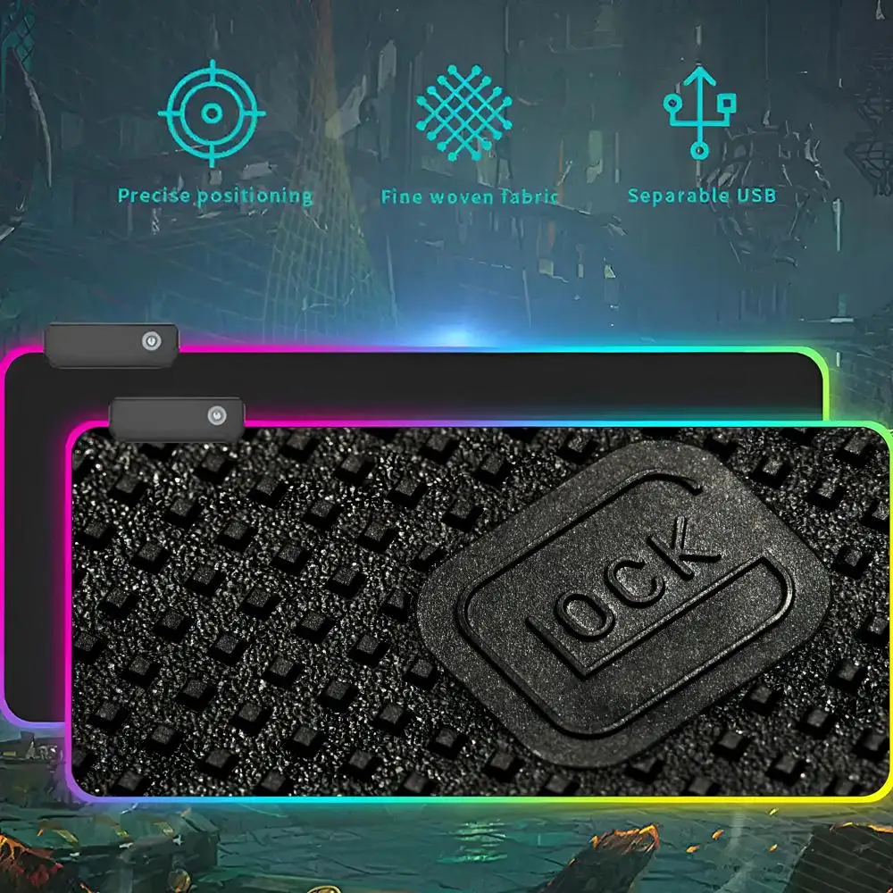 Glock Handgun Logo Gaming Mousepad, Luz LED RGB, Tapete de Rato Gamer Grande Impermeável, Almofada de teclado grande