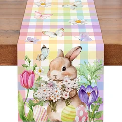 Spring Easter Bunny Butterfly Linen Table Runner Home Party Decor Seasonal Tulip Flowers Plaid Table Runners Dining Table Decor