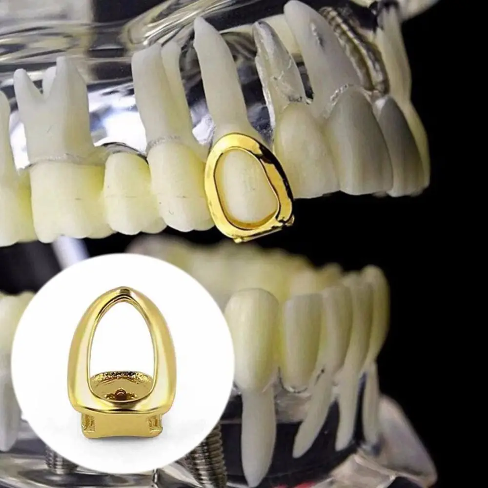 Hip Hop Rapper Single Shackle Teeth Grillz Cap Top Bottom Dental Braces Hollow Out Gold Color Metal Personality Tooth Jewelry