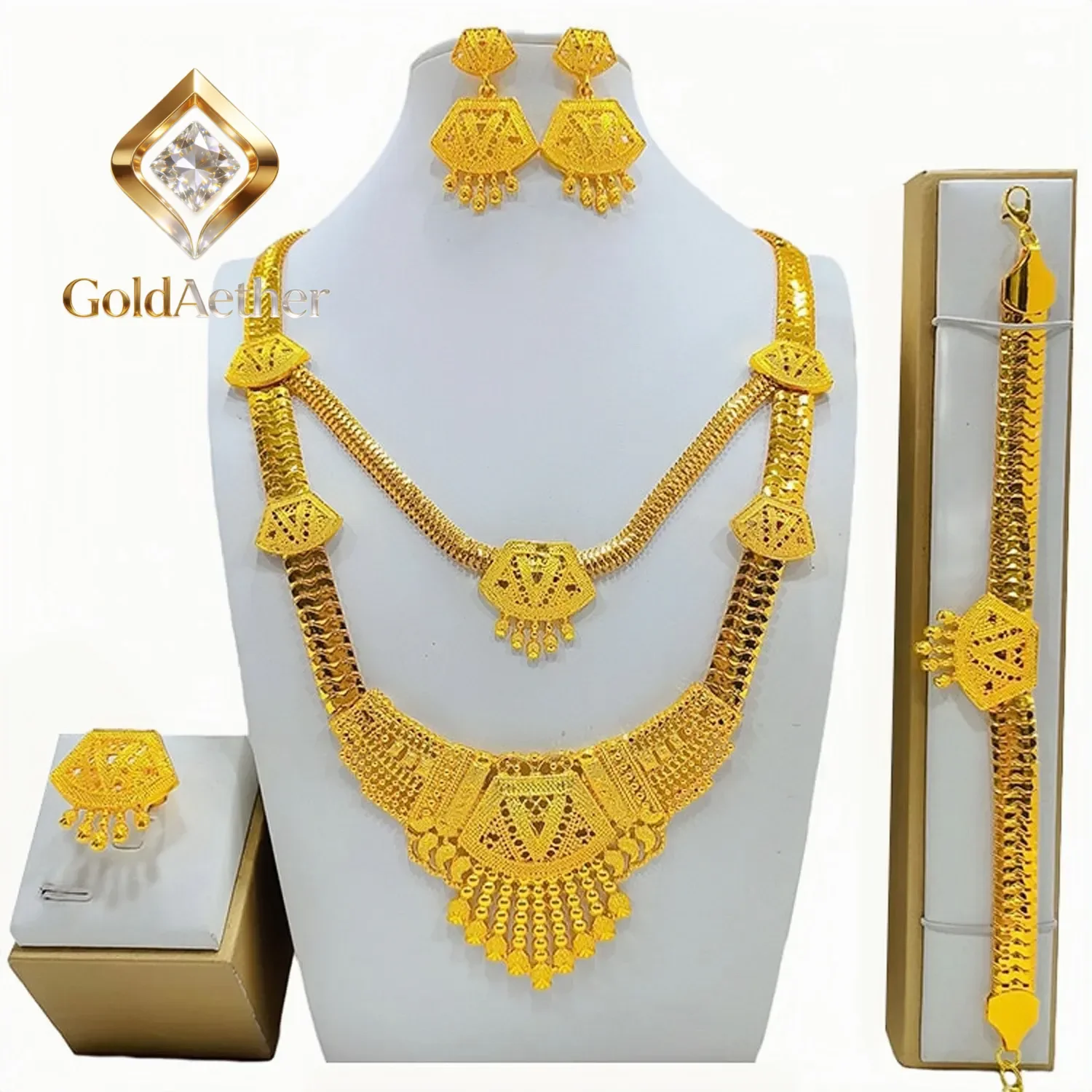 GoldAether 24K real gold  9999 yellow gold Jewelry suit Long Necklace suit Bracelet Ring Earrings Wedding Necklacegift