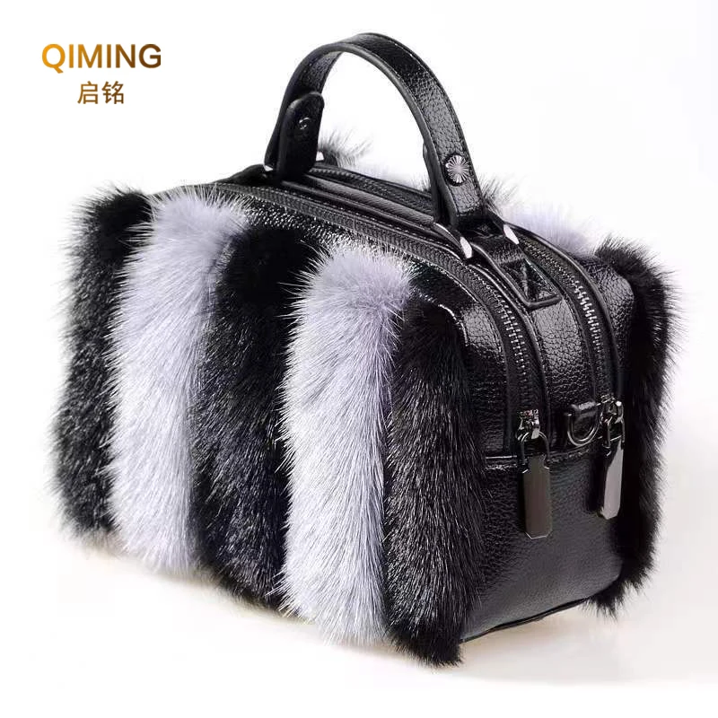 Bolso de piel auténtica para mujer, bandolera de piel de visón, con doble cremallera, para ocio