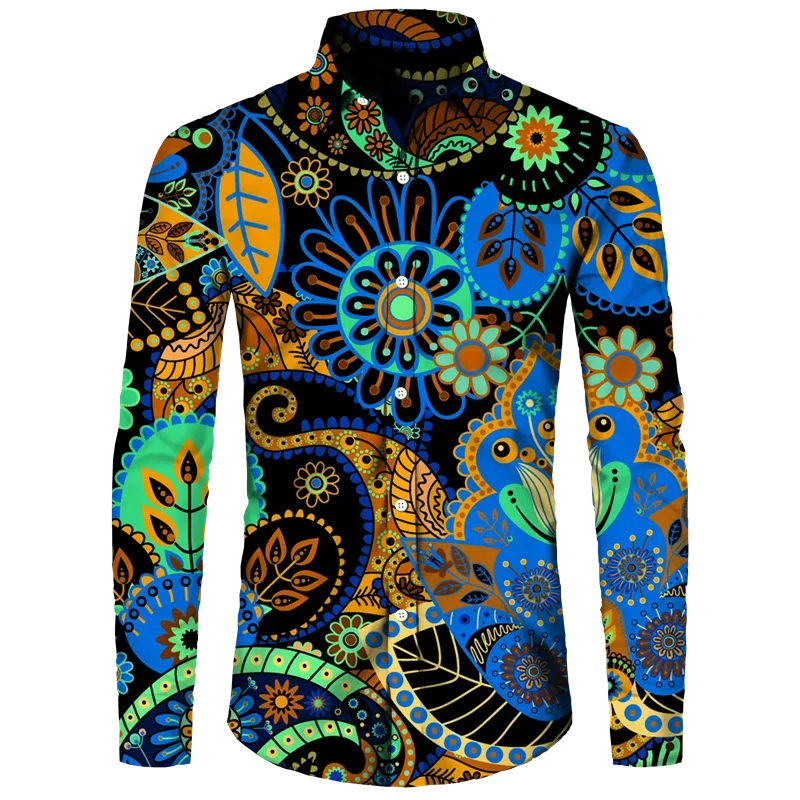 Vintage Paisley Print Hawaiian Shirt Men\'s Flower Lapel Long Sleeve Tops Casual Hip Hop MenWomen Party Prom Clothes Comfortable