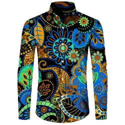 Vintage Paisley Print Hawaiian Shirt Men's Flower Lapel Long Sleeve Tops Casual Hip Hop MenWomen Party Prom Clothes Comfortable