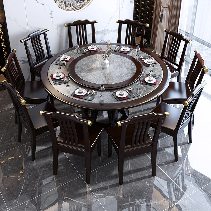 

Rock slab round dining table and chair combination family 10 people eating table new Chinese all solid wood marble dining