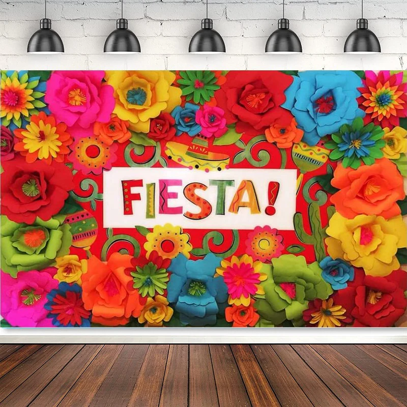 Mexican Fiesta Photography Backdrop Cinco De Mayo Background Colorful Floral Paper Flower Banner Decorations Props Photo Shoot