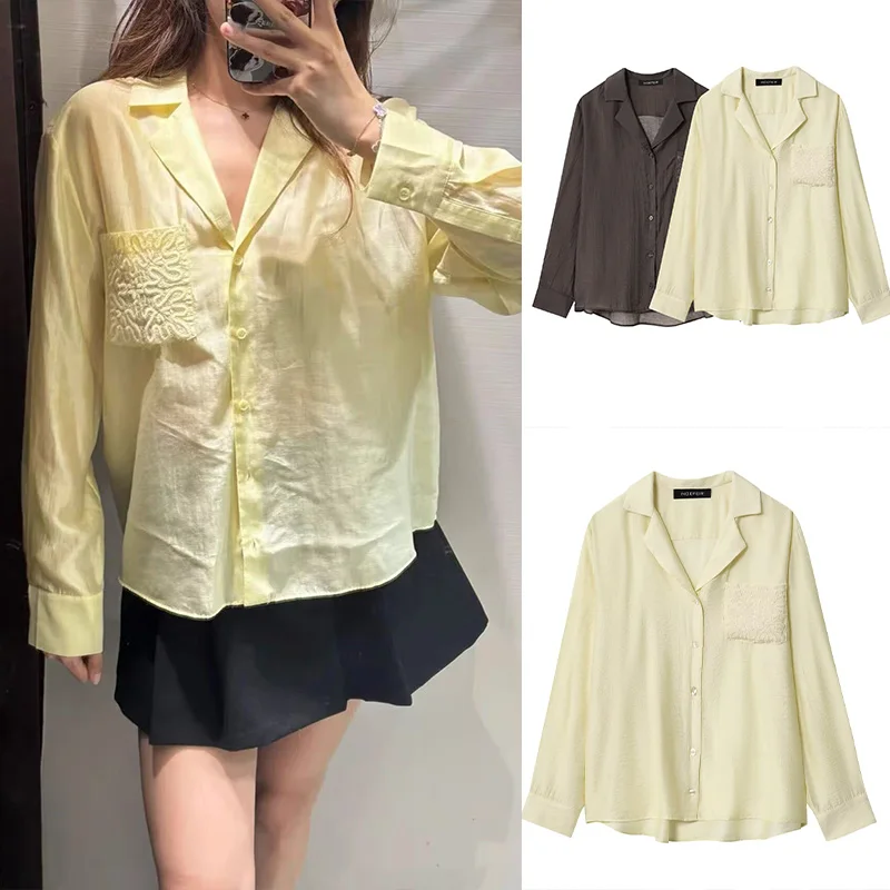 HH 2026 Sommer Gelbe Bluse für Damen – Einfarbig, Langarm mit Stickerei, Taschenhemd, Modisch, Lässig, Locker geschnittenes Oberteil, Oberbekleidung