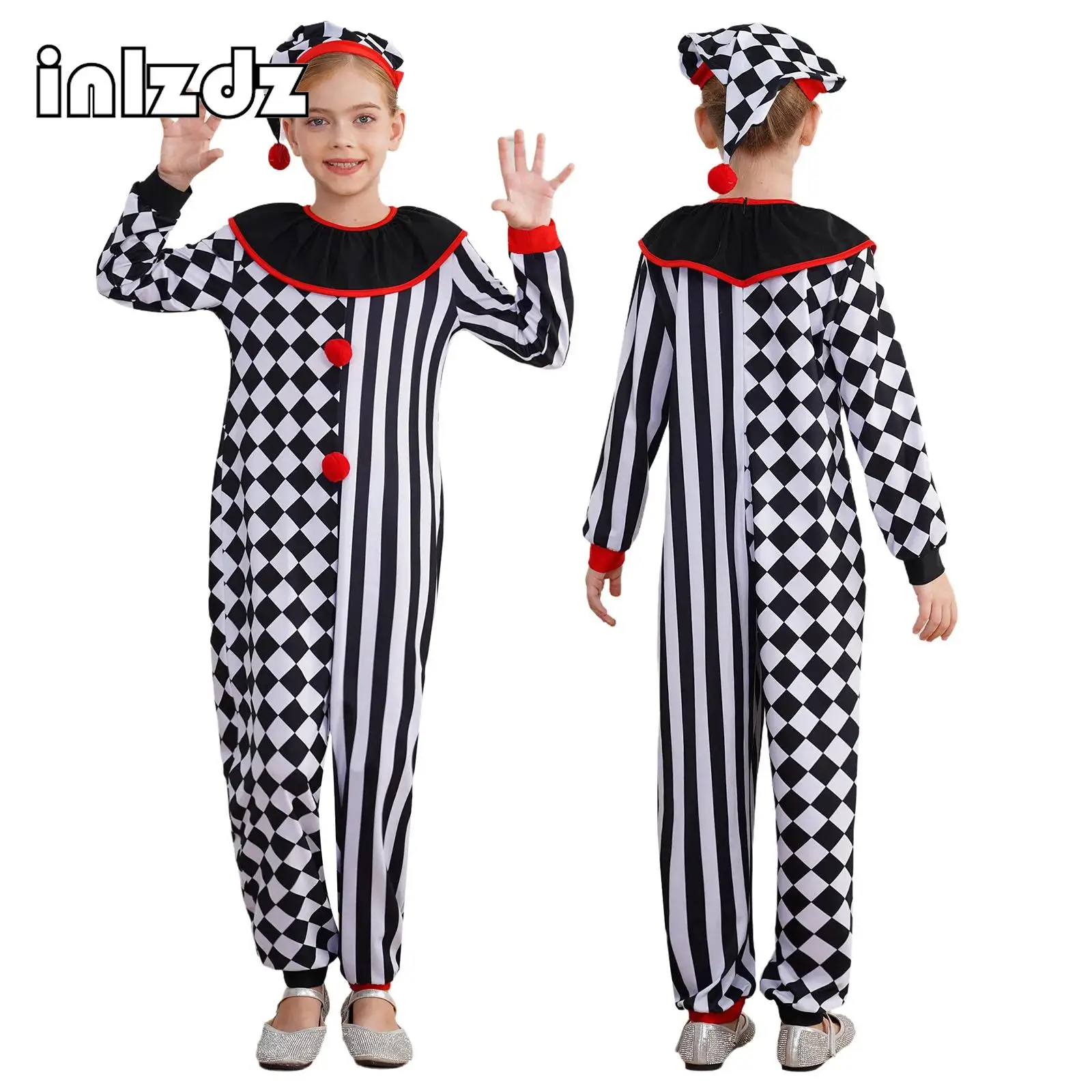 Creepy Clown Kids Carnival Party Cosplay Clothing Children Checkerboard Pint Pom Poms Jumpsuit Full Bodysuit Halloween Fancy Set