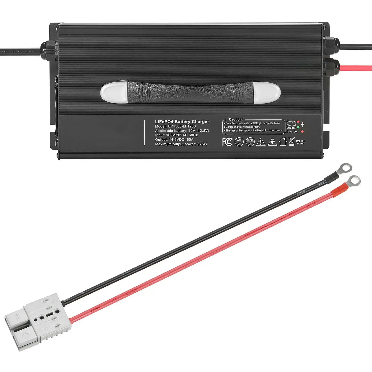 12V 60A Lithium Battery Charger, 14.6V, AC-DC LiFePO4 Smart Charger, with Anderson Connector, LED Indicator, 0V Activation, for Lithium LiFePO4 Deep Cycle Rechargeable Batteries of Boat, RV