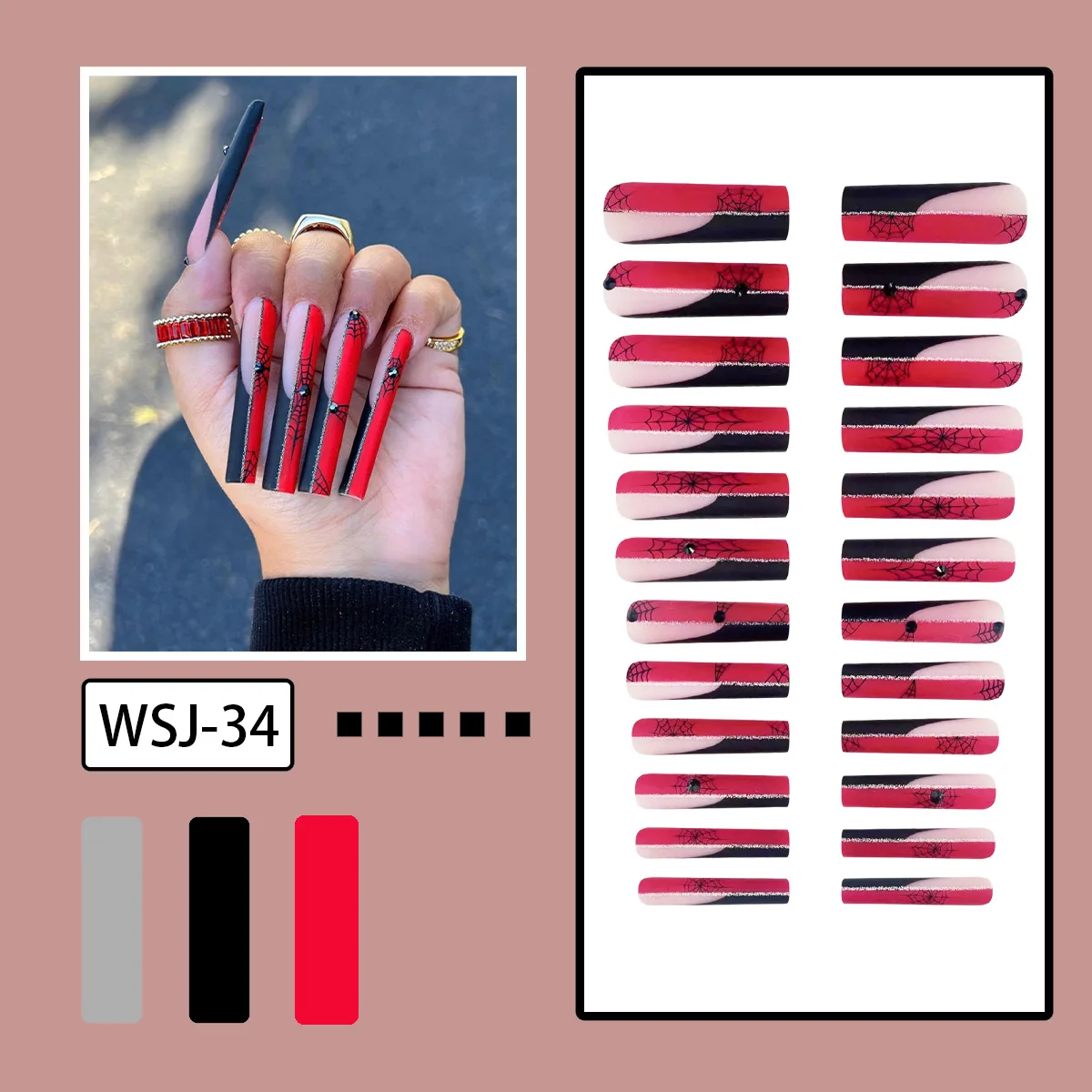 24szt Extra Long Ballet Fake Nails Red Black Color Spider Decor False Nails Full Cover Wearable Halloween DIY Press On Nails