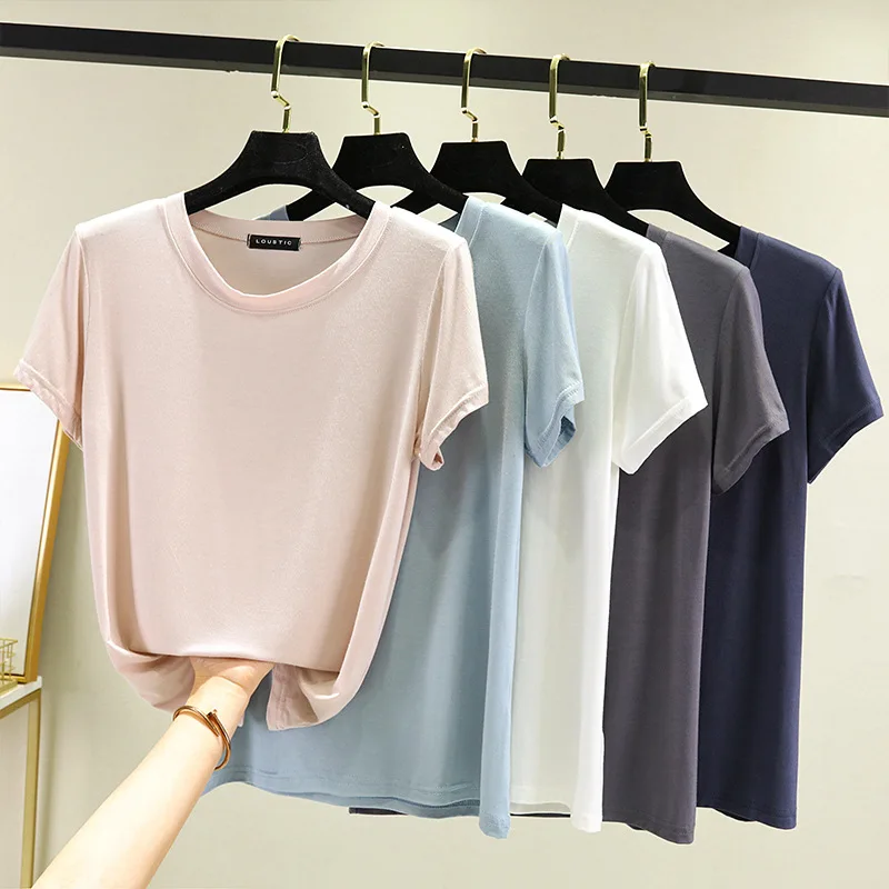 Modal O-Neck T-shirt Short sleeves Lady Summer Casual Basic Tshirt Solid color Loose Tee Tops bottoming tees