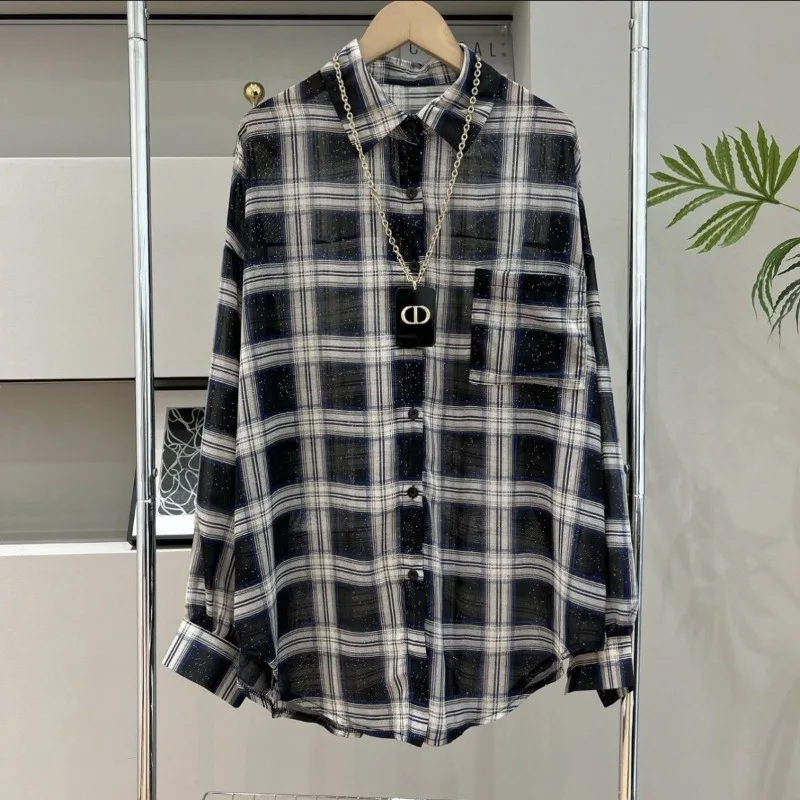 

2024 Summer New Korean Fashion Commuter Polo Collar Blouses Pockets Long Sleeve Loose Leisure Midi Gingham Shirts Women's Tops