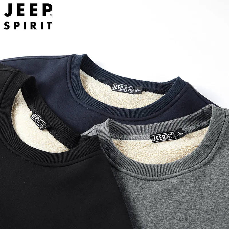 JEEP SPIRIT Kanye Lambskin Sweatshirt Hoodies Autumn and Winter Fleece-lined Thickened Round Neck Loose Warm Clothes