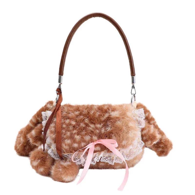 Japanische Hirsch gefleckte Band Plüsch Unterarm Umhängetasche, Mori Girl Elch flauschige Frauen Geldbörse, Winter süße Woodland Fairycore Handtasche – Detail 15