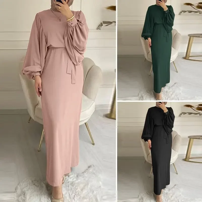 

Fashion Lace Up Muslim Dress Women Long Sleeve Maxi Solid Sundress Robe Femme Female Marocain Turkish Vestidos Robe 2024