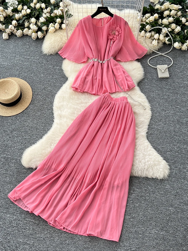 Summer New Women's Skirt Chiffon Two-piece Set Three-dimensional Flower Trumpet Sleeve Top+ Pleated Large Swing Skirt Set C259