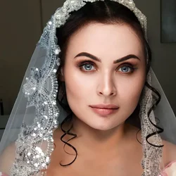 Velo da sposa con bordo argento in pizzo pieno con paillettes, 1,5 metri di larghezza, accessori da sposa da cattedrale, senza pettine, velo su misura