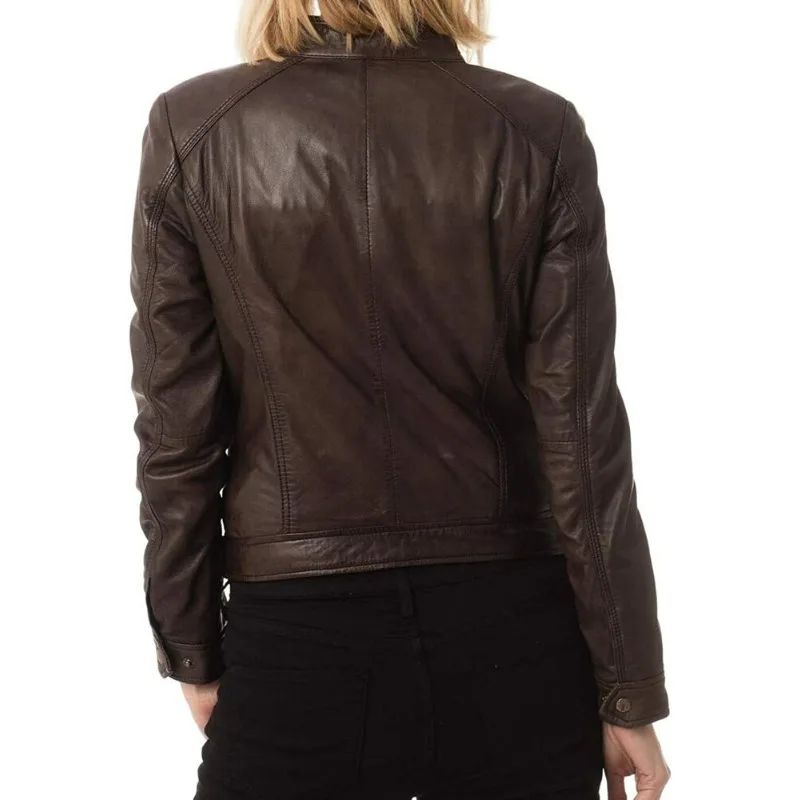 New Women's Lambskin Leather Jackets Motorcycle Biker Slim Fit Basic Brown Coat