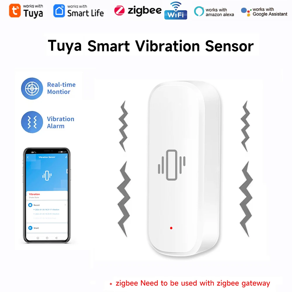 TuyaWiFi ZigBee Smart Vibration Sensor Wireless Motion Home Security Alarm System Tuya Compatible with App Record & Notification