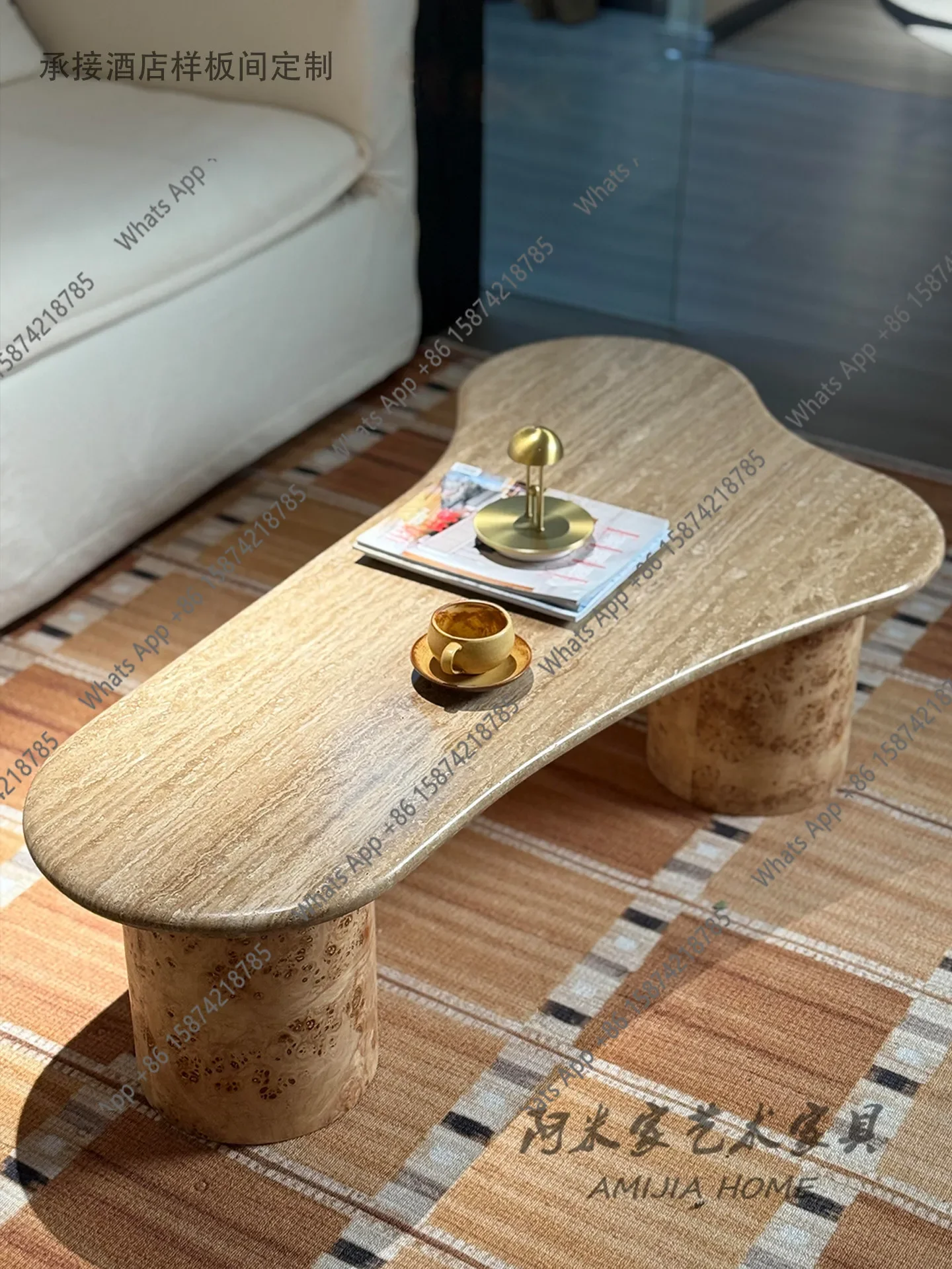 X36 Medieval Natural Travertine Coffee Table Tree Tumour Bark Solid Wood Combination Retro Living Room Special-shaped Coffee Tab