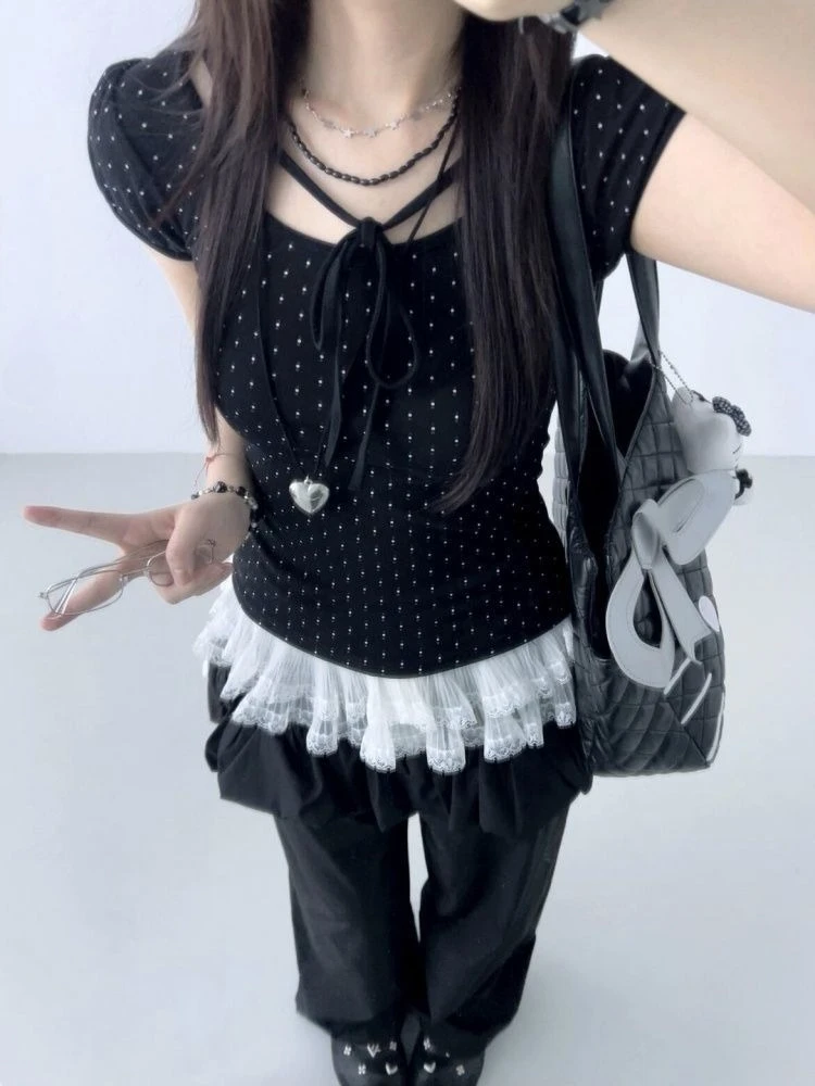 

Deeptown Korean Style Polka Dot T-shirts Women Sweet Cute Black Lace Up Tops Vintage Y2k Casual Slim Up Short Sleeve T-shirts