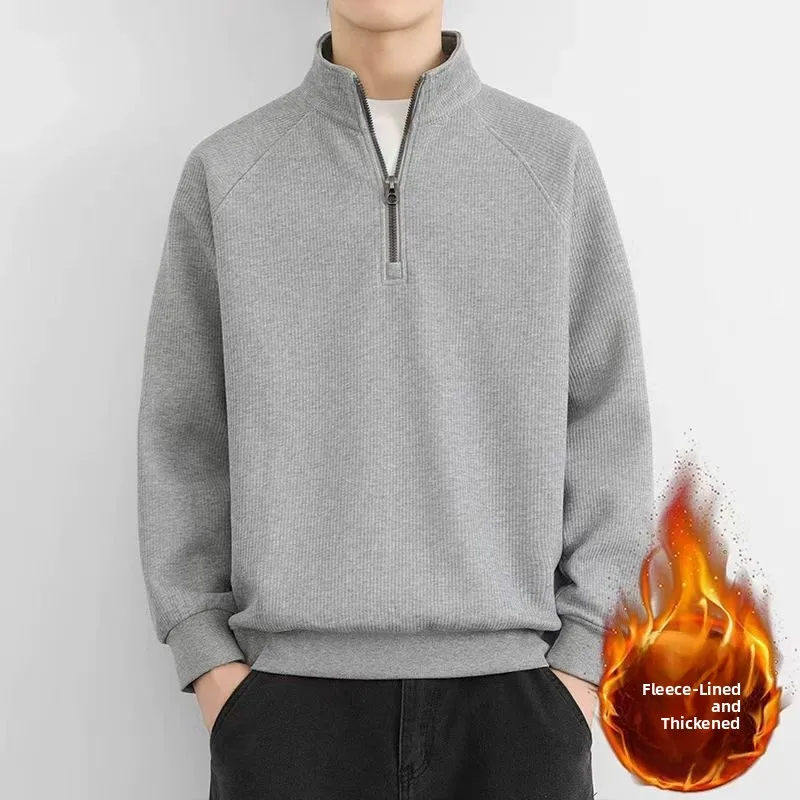 

Мужская осенне-зимняя утепленная флисовая футболка с воротником-стойкой на молнии, с длинным рукавом, приталенного кроя, повседневная, базовая, молодежная, из хлопка