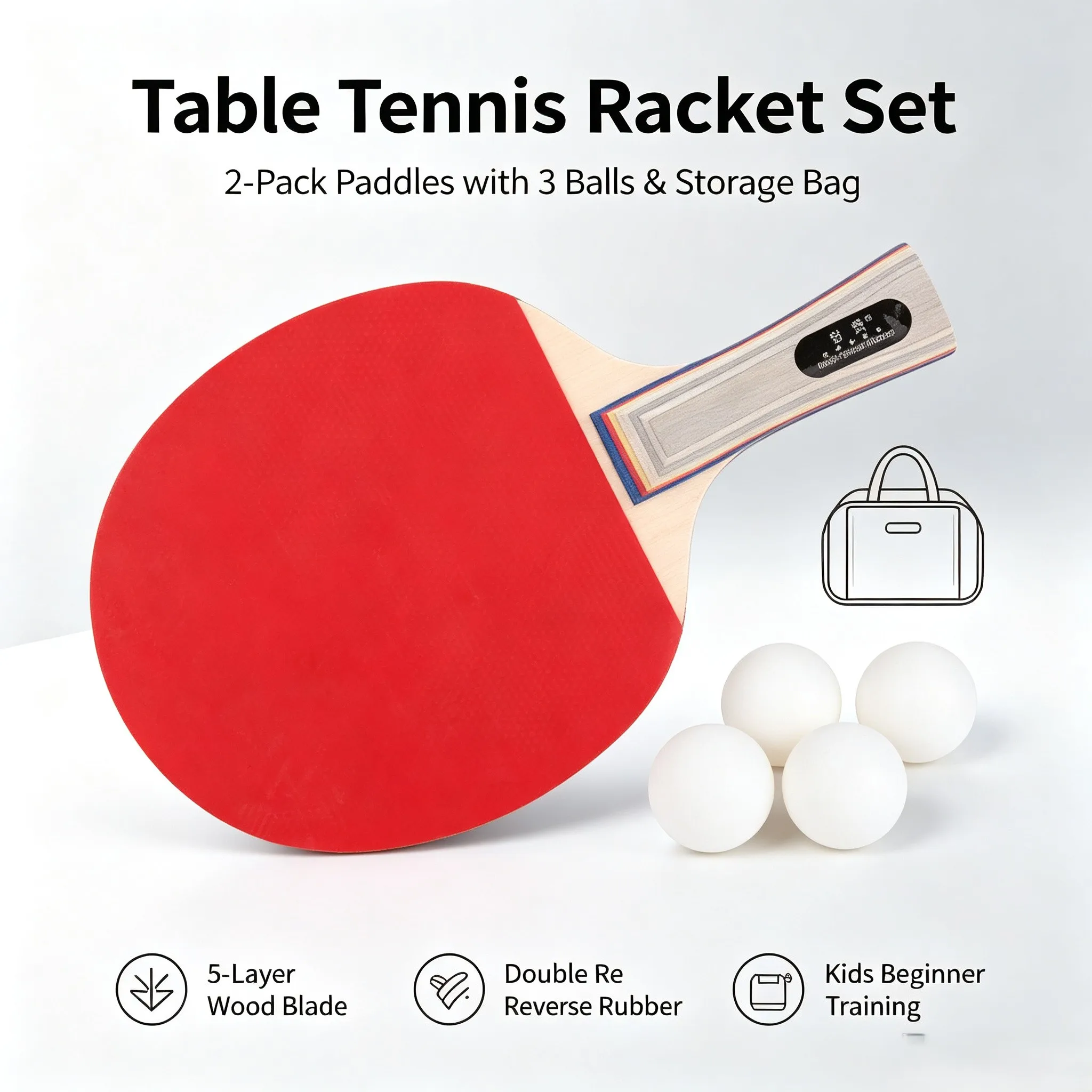 Table Tennis Racket Set 2‑Pack Ping Pong Paddles 3 Balls Storage Bag 5‑Layer Wood Blade for Kids Beginner Training Play