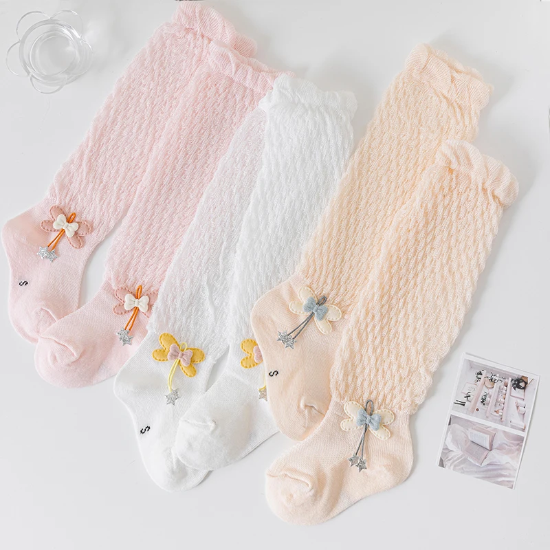 3 Pairs Baby Girls Spring Summer 2025 Autumn Children Kids Thin Stockings Toddler Clothing Stretch Bowknot Lace Socks 0-3 Years