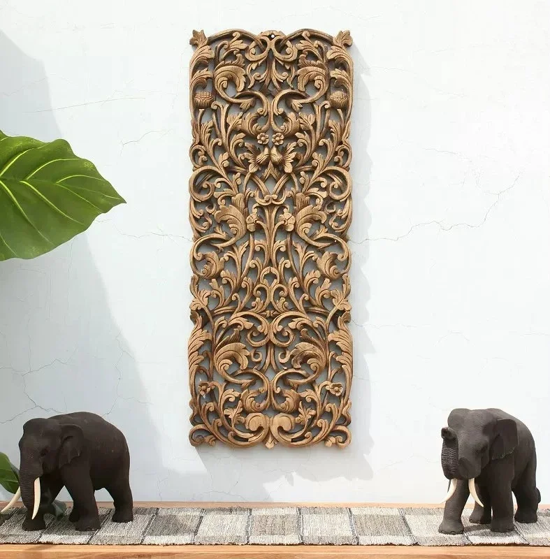 Teak carved hollow retro wall decoration Chinese neoclassical entrance foyer flower board decoration