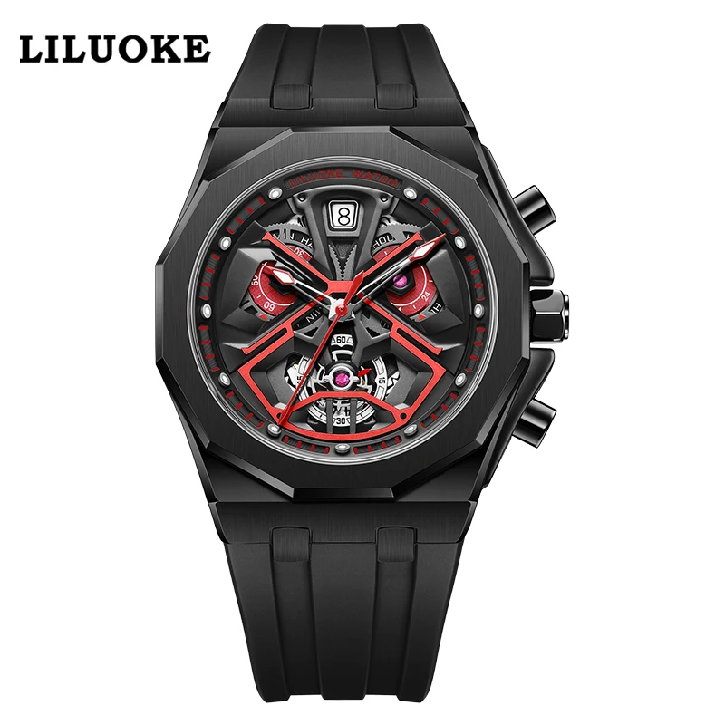 High Quality Luxury Brand Rubber Band Skeleton Dial Luminous Hands Multi Function Men Chronograph Watch