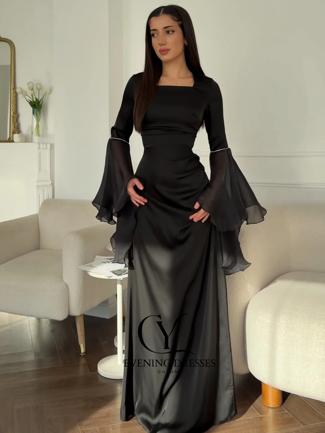 CUYUN ブラックフレアスリーブロングプロムドレススクエアカラーカスタマイズされたサウジアラビアドバイエレガントなイブニングドレスフォーマル宴会ガウン