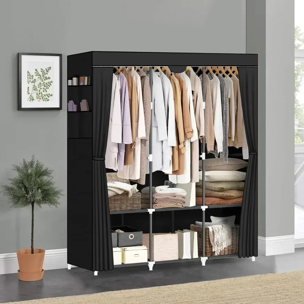 Wardrobe, portable closet for hanging clothes with 3 rails, 6 storage shelves and 4 side pockets, portable closet